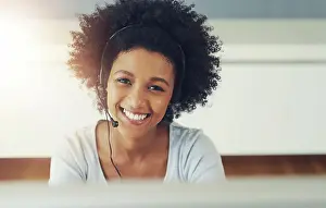 Call Prints: Black woman, portrait and callcenter smile in office for support business