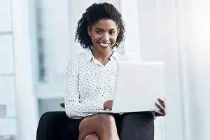 Project Management Prints: Black woman, portrait and laptop with smile in office for reading emails