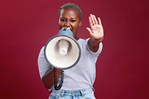 Activist Prints: Black woman, protest and shouting with megaphone for voice