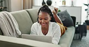 Student Prints: Black woman on sofa, relax or typing on laptop for remote work