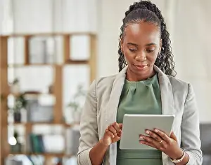 Analysis Prints: Black woman, tablet and planning in office for business information