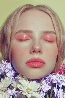 Eyes Prints: Blonde girl on yellow with daisy flower summer mood