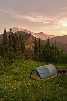 Tent Prints: Blue backpacking tent in the Tatoosh Wilderness with a view of snow covered Mt