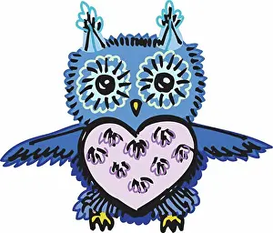 Staring Prints: A blue and purple owl with wings outspread and a heart-shaped chest