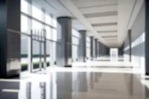 Walkway Prints: Blur background of empty entrance hall of modern public station or large convention center lobby