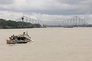 Ferry Prints: Boat on Hooghly River, Howrah Bridge
