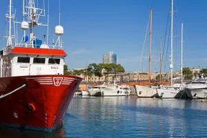 Barcelona Prints: Boat on the Rambla de Mar, Port Vell District, Barcelona, Catalonia, Spain, Europe