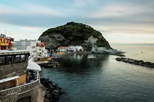 Dock Prints: Boats in the harbour and colourful buildings on Ischia island on the mediterranean; Sant Angelo