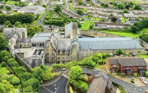 Swamp Prints: Bodmin Jail and Bodmin Luxury Hotel from a drone, Bodmin Moor, Cornwall, England, UK