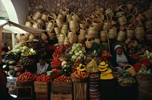 Hispanic Prints: Bolivia, Sucre, Market Stall Selling Fruit, Vegetables And Locally Made Baskets