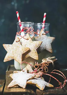 Festive Prints: Bottle with milk for Santa, Christmas festive gingerbread star shaped cookies with decoration rope