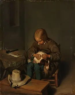 Panel Prints: Boy busy fleeing a dog. The boy sits on a chair with the dog on his lap