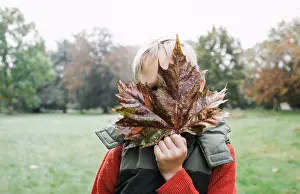 Gradeschooler Prints: boy hiding behind a large maple leaf outdoors in autumn