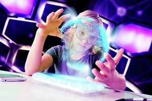 Lighted Prints: Boy interacting with floating digital globe
