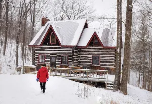 Snowing Prints: Boy in red winter coat walking towards log cabin on snowy winter day