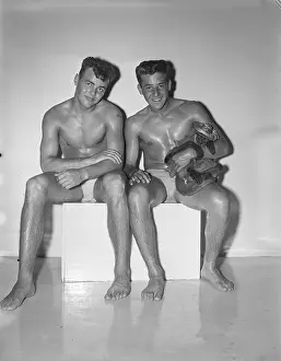 Monkey Prints: Two Boys Holding Baby Monkey in Sombrero c.1956