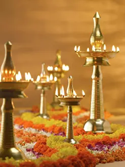 Brass Prints: Brass lamps and flowers decoration during diwali festival India Copyright: xVirenxDesai/DinodiaxPhotox