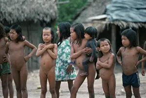 Brasil Prints: Brazil, Amazon, Xikrin Children With Strips Of Shaved Hair And One Small Child With Body Painted With Black Genipapo