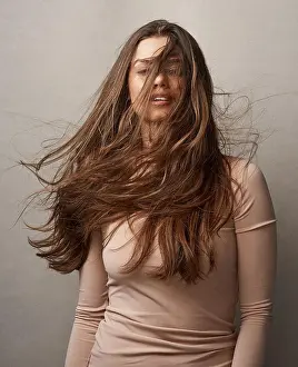 Skincare Prints: Breeze, hair care and portrait of woman in studio for natural growth