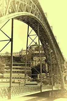 Wahrzeichen Prints: Bridge Built by Eiffel Bridge Built by Eiffel in the City of Porto in Portugal on the Bacground of the Winery