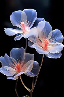 Surrealistic Prints: Bright flowers on a stem close-up, isolated on black. Generative AI
