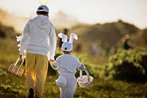 Out Door Prints: Two brothers in Easter costumes on an Easter egg hunt
