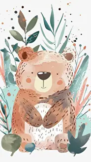 Pink Prints: A brown bear with a friendly smile sits surrounded by a variety of leafy greens and colorful blossoms