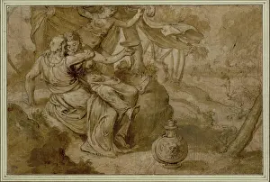 Daughters Prints: Brown ink drawing by Frans Floris depicting Loth with his daughters
