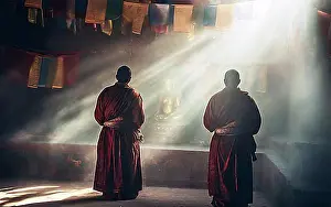 Faith Prints: Buddhist monks praying in a monastery, AI generated