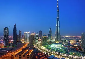 Dubai Prints: Burj Khalifa and Downtown Dubai at night, Dubai, United Arab Emirates, Middle East