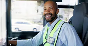 Bus driver, portrait and smile of black man at station for commute