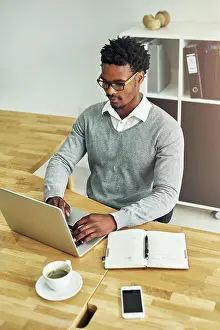 Notebook Prints: Business, black man and typing in office with laptop or journal for daily schedule or planning for time management