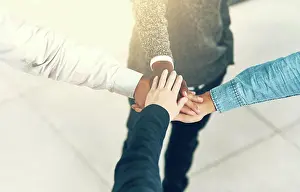 Global Prints: Business, group and hands with pile for collaboration with employee solidarity