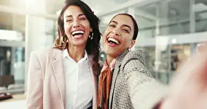 Selfie Prints: Business, laughing and selfie of women friends in office together for social media profile picture
