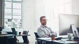 Paperwork Prints: Business, man and computer with arms crossed in office or ready for contact us