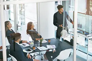 Conference Prints: Business man, finance and presentation for report