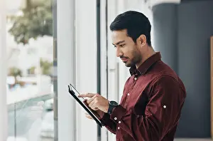Analysis Prints: Business man focus, tablet and office for reading