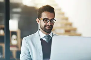 Invest Prints: Business man, glasses and laptop in office for networking