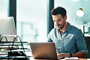 Analysis Prints: Business man, laptop and typing in office for planning strategy