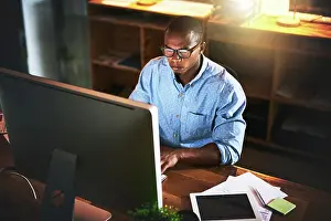 Smart Prints: Business man, night developer and computer with office typing and project web research