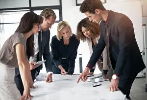 Paperwork Prints: Business people, architect and blueprint layout in meeting collaboration or planning strategy at office