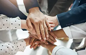 Huddle Prints: Business people, collaboration and hand stack in office for support