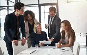 Paperwork Prints: Business people, corporate meeting with tablet and planning ideas in collaboration on project proposal or pitch