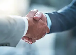 Partnership Prints: Business people, deal and handshake by men for b2b partnership