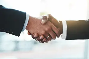 Greeting Prints: Business people, deal and handshake with teamwork in office for collaboration