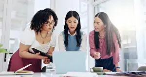 Coworkers Prints: Business people, fashion and women with laptop
