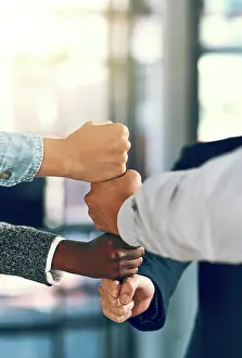 Partnership Prints: Business people, fist and stack in office for teamwork