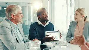Analysis Prints: Business people, group and discussion with charts on tablet screen for insurance sales or metrics