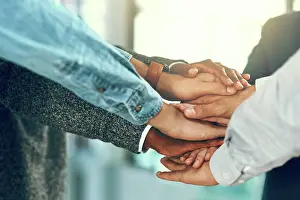 Huddle Prints: Business people, hands and huddle in office for solidarity