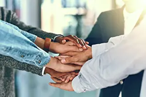 Huddle Prints: Business people, hands and stack in office for team building